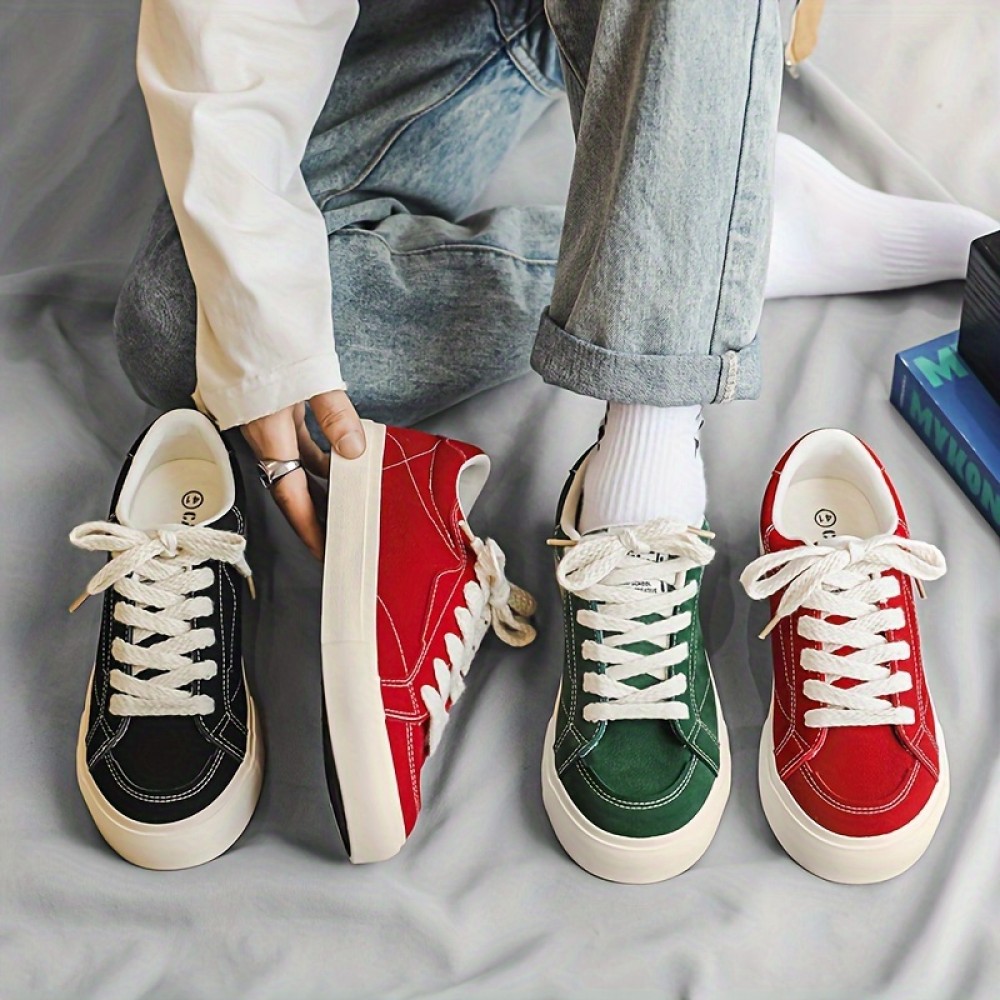 Men's Solid Skate Shoes, Comfy Non Slip Casual Lace Up Sneakers for Men's Outdoor Activities