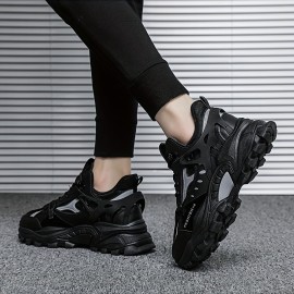 Men's Trendy Solid Chunky Shoes, Comfy Non Slip Lace Up Casual Soft Sole Sneakers Men's Outdoor Activities