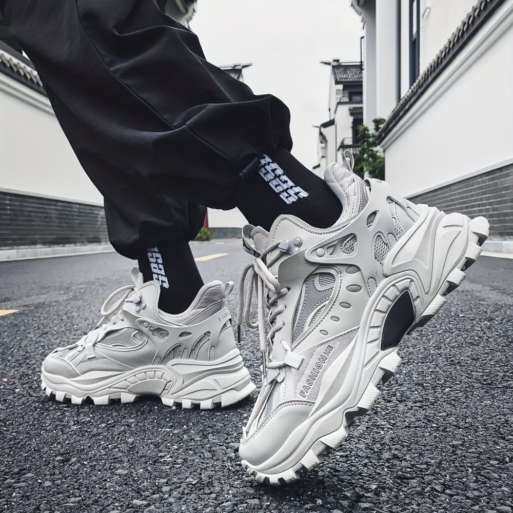 Men's Trendy Solid Chunky Shoes, Comfy Non Slip Lace Up Casual Soft Sole Sneakers Men's Outdoor Activities