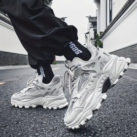 Men's Trendy Solid Chunky Shoes, Comfy Non Slip Lace Up Casual Soft Sole Sneakers Men's Outdoor Activities