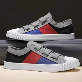 Men'S Slip-On Low-Top Sneakers | Non-Slip Rubber Sole, Cushioned Insole, Breathable Canvas Upper, Gray/Black/Red Color Block Design, Casual Skate Shoes, Comfortable Round-Toe Moccasin Style, Ideal for Walking, Traveling, Casual Outfits