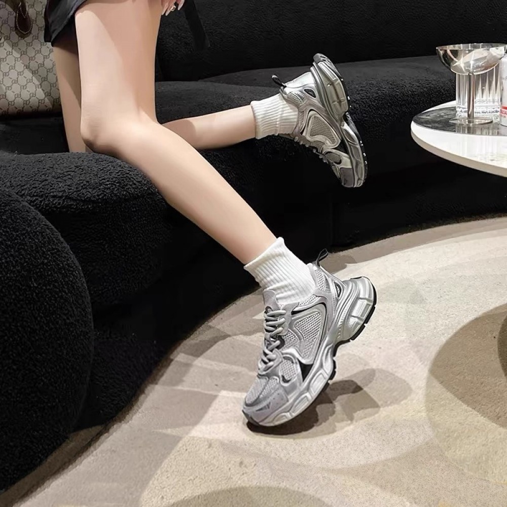 Women's Silvery Platform Sneakers Elegant Fashion Casual Shoes Height Increasing Athletic Tennis Shoes New
