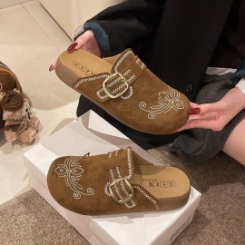 Yellow Embroidered Mules | Buckle-Closure Outdoor , Daily Street Commuting Casual Shoes, Solid Color, Low Top, All-Season, Polyurethane Upper, Fabric Lining, EVA Insole, Rubber Sole