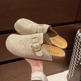 Yellow Embroidered Mules | Buckle-Closure Outdoor , Daily Street Commuting Casual Shoes, Solid Color, Low Top, All-Season, Polyurethane Upper, Fabric Lining, EVA Insole, Rubber Sole