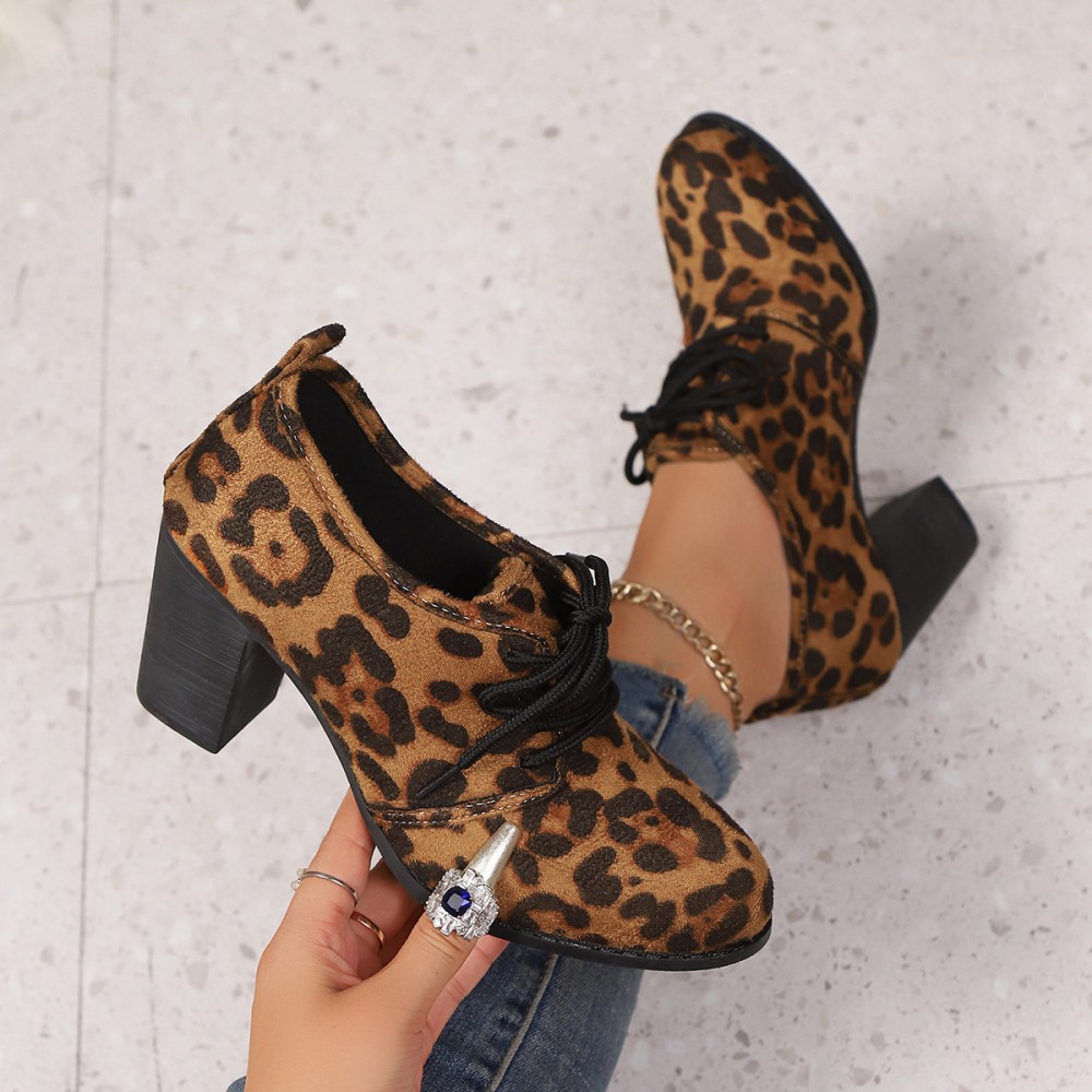 [sneakers] Autumn New Leopard Print Retro Deep Cut Low-Top High Heels for Women in with Laces