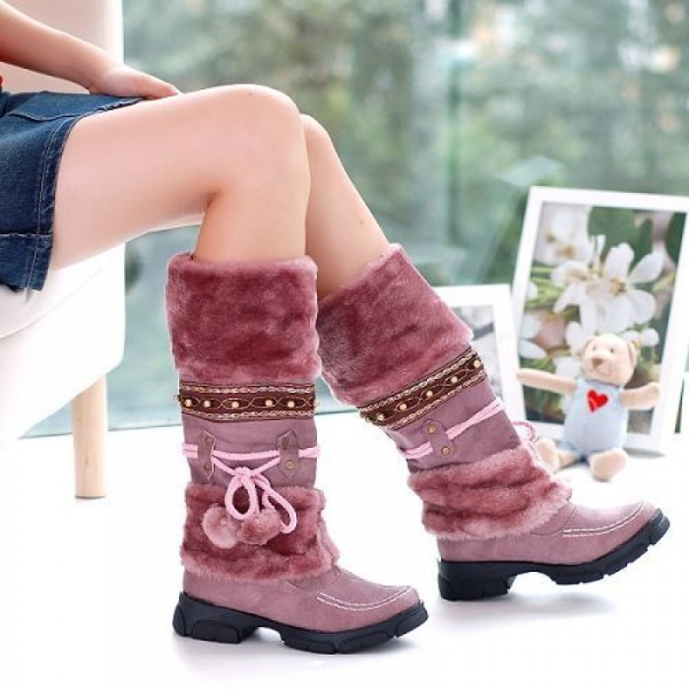 Winter Warm Fuzzy Ball Collar Snow Boots - Mid-Calf PVC & Rubber Sole Ice Boots Suitable for Snow, Ice, Slush, Cold Weather - Cozy Outdoor Winter Footwear