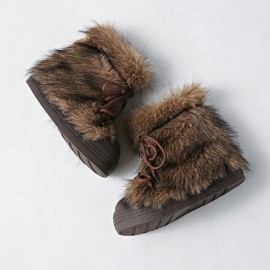 Women'S Vintage Furry Snow Boots with Plush faux fur Collar & Thick PVC Sole - Warm Winter Round Toe Boots, Durable Fabric Upper & Non-Slip Traction for Cold-Resistant Comfort, Casual & Semi-Formal Outfits (Brown) - Trendy Winter Footwear