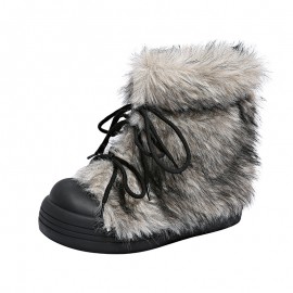 Women'S Vintage Furry Snow Boots with Plush faux fur Collar & Thick PVC Sole - Warm Winter Round Toe Boots, Durable Fabric Upper & Non-Slip Traction for Cold-Resistant Comfort, Casual & Semi-Formal Outfits (Brown) - Trendy Winter Footwear