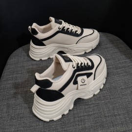 INS Korean Style Chunky Dad Shoes | Women'S Fashion Thick Sole Height Increasing Sneakers, Casual Tennis Shoes, Student Everyday Walking Shoes, Fabric Upper, Mesh Inner, Rubber Insole, Sole, Lace-up Closure