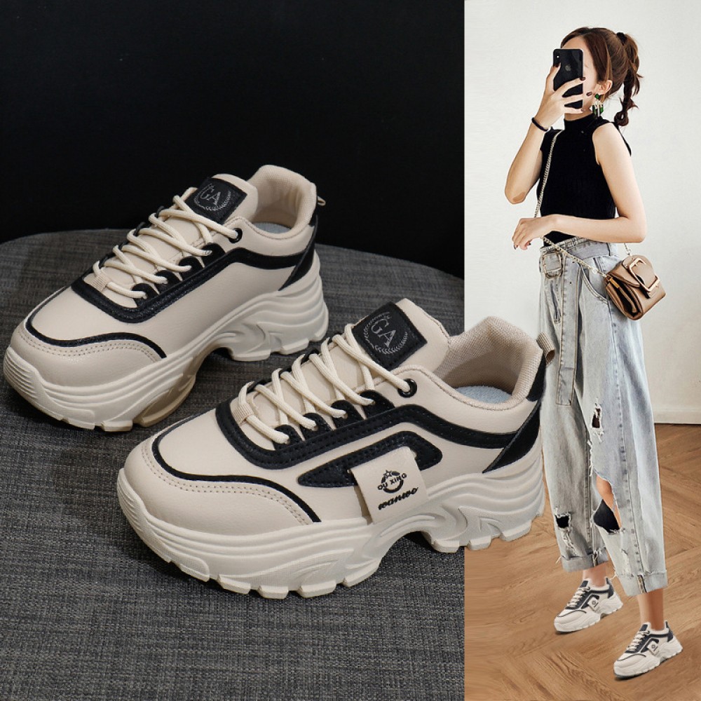 INS Korean Style Chunky Dad Shoes | Women'S Fashion Thick Sole Height Increasing Sneakers, Casual Tennis Shoes, Student Everyday Walking Shoes, Fabric Upper, Mesh Inner, Rubber Insole, Sole, Lace-up Closure