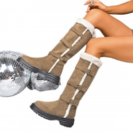 Women's Plus Size Winter Snow Boots - Thickened High-Calf Warm with Exterior, Sole & Belt Buckle - All-Terrain Traction for Ice, Snow, Driveways - Cold Weather Winter Footwear